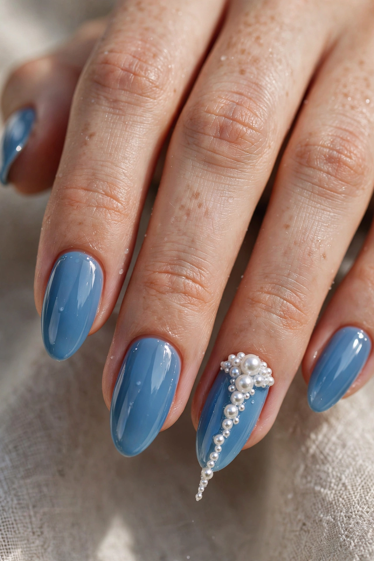 Icy blue Christmas nails with pearl icicle accents at cuticle