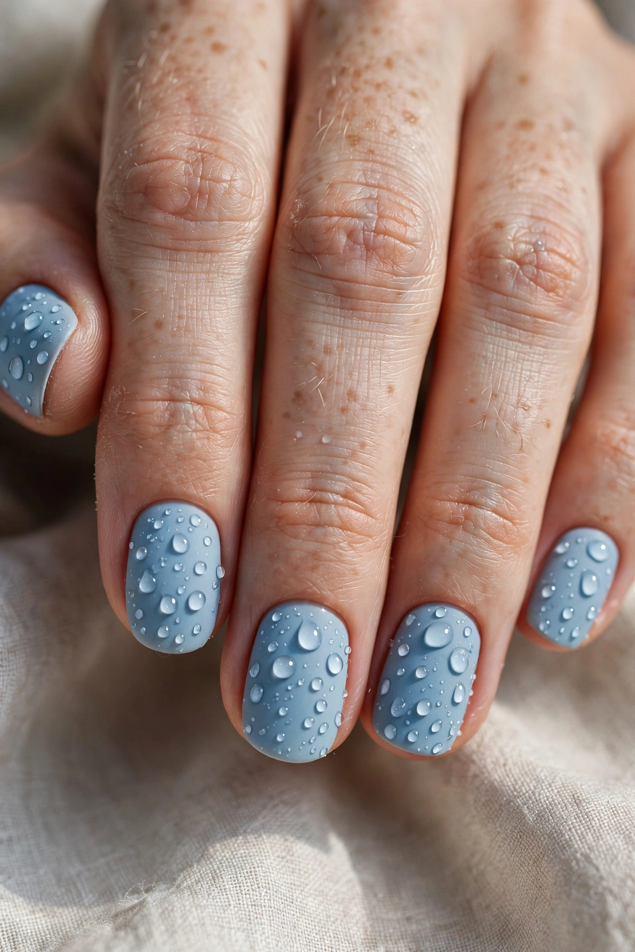 Matte icy blue Christmas nails with glossy snow dots texture contrast