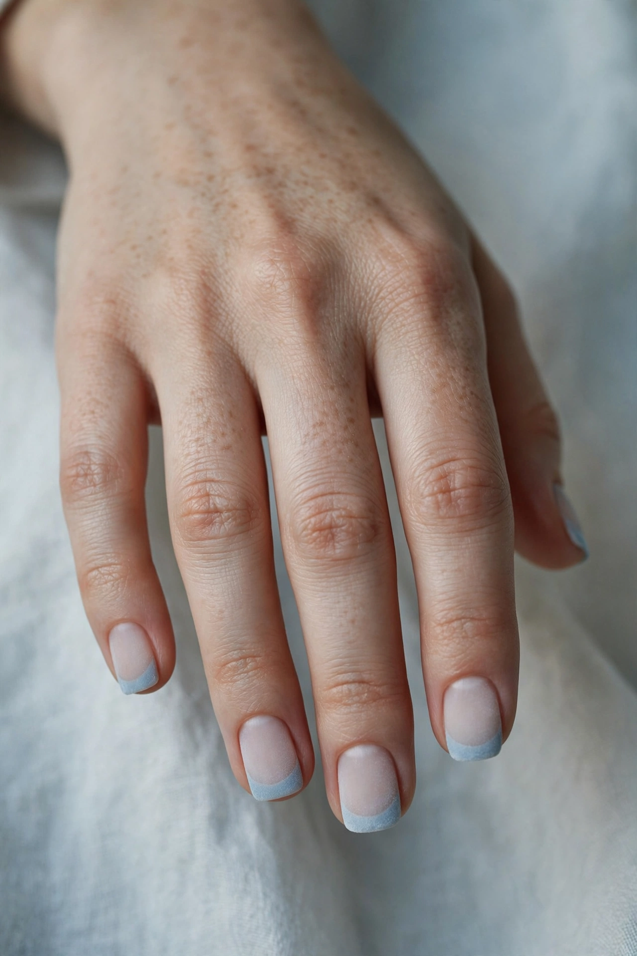 Short icy blue frosted French tip Christmas nails on milky base