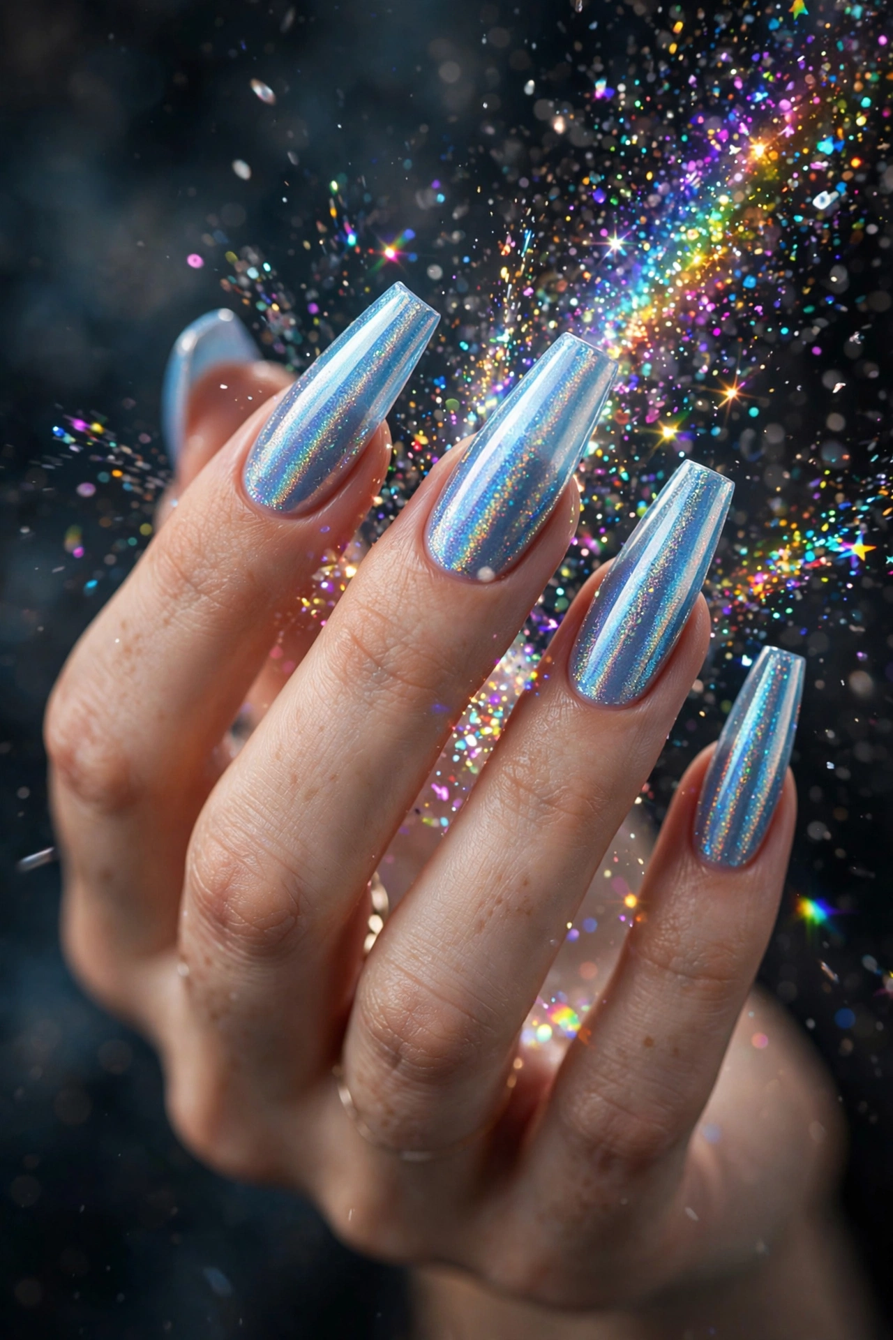 Holographic icy blue coffin Christmas nails with rainbow sparkle