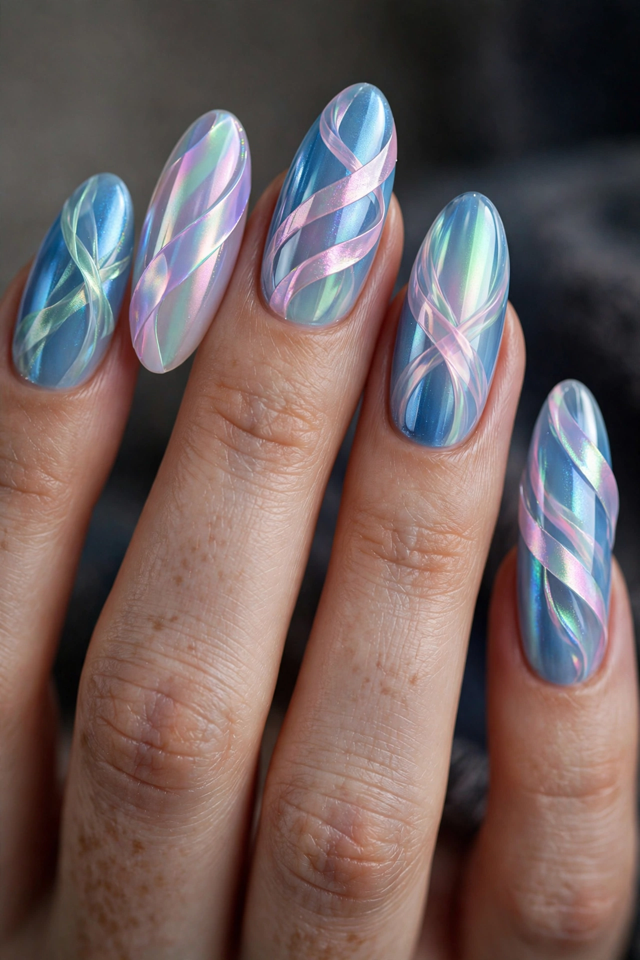 Aurora borealis icy blue Christmas nails with northern lights shimmer