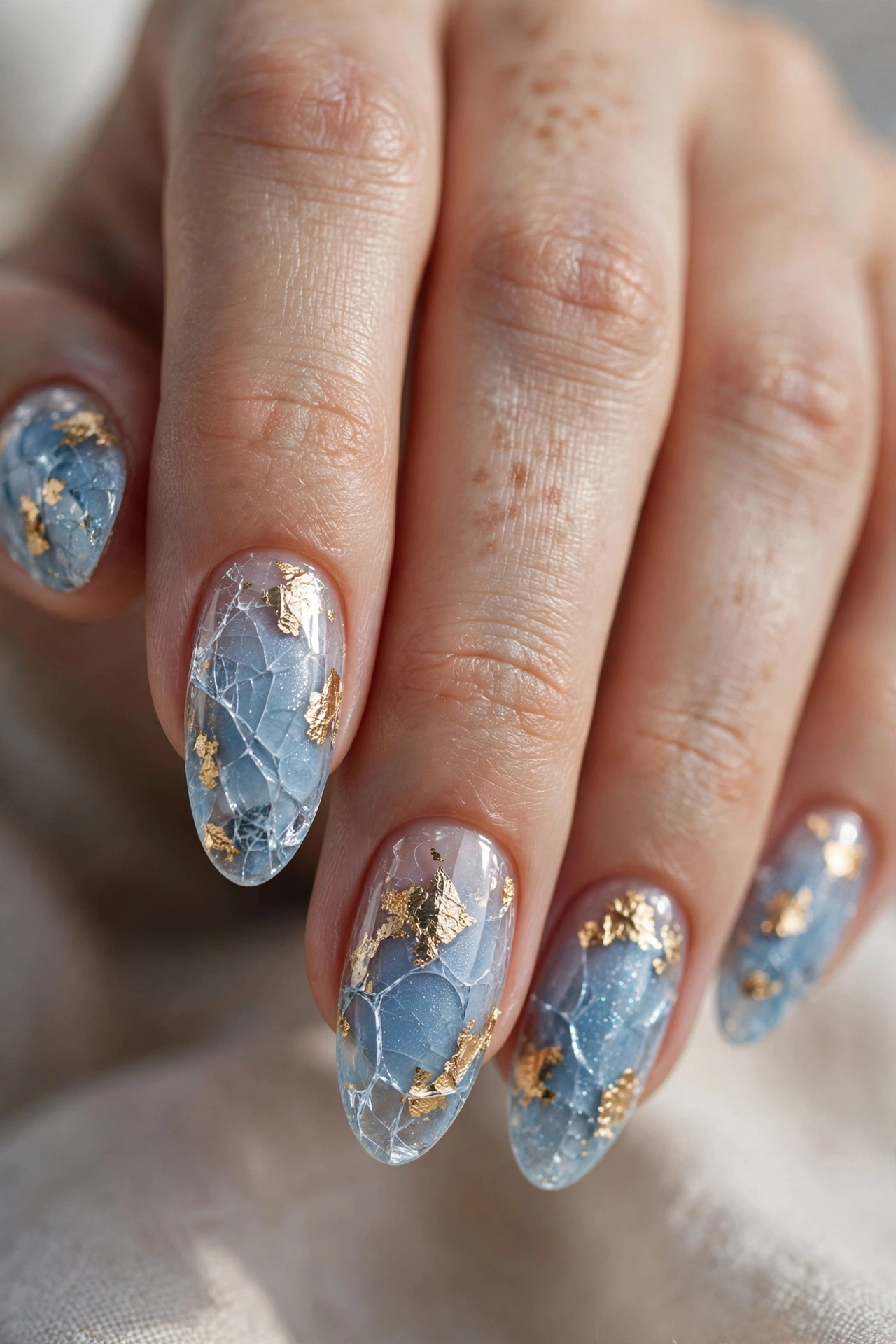 Icy blue Christmas nails with gold foil cracked ice accents