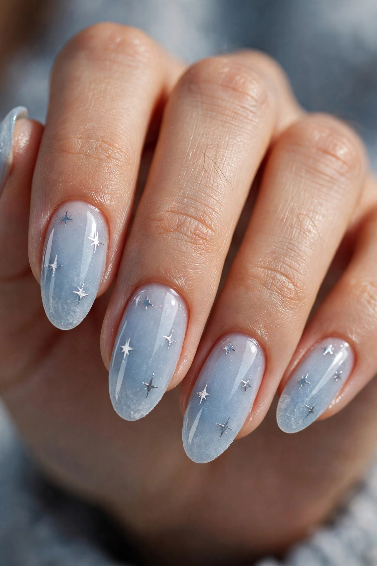 Icy blue Christmas nails with silver star decals celestial manicure