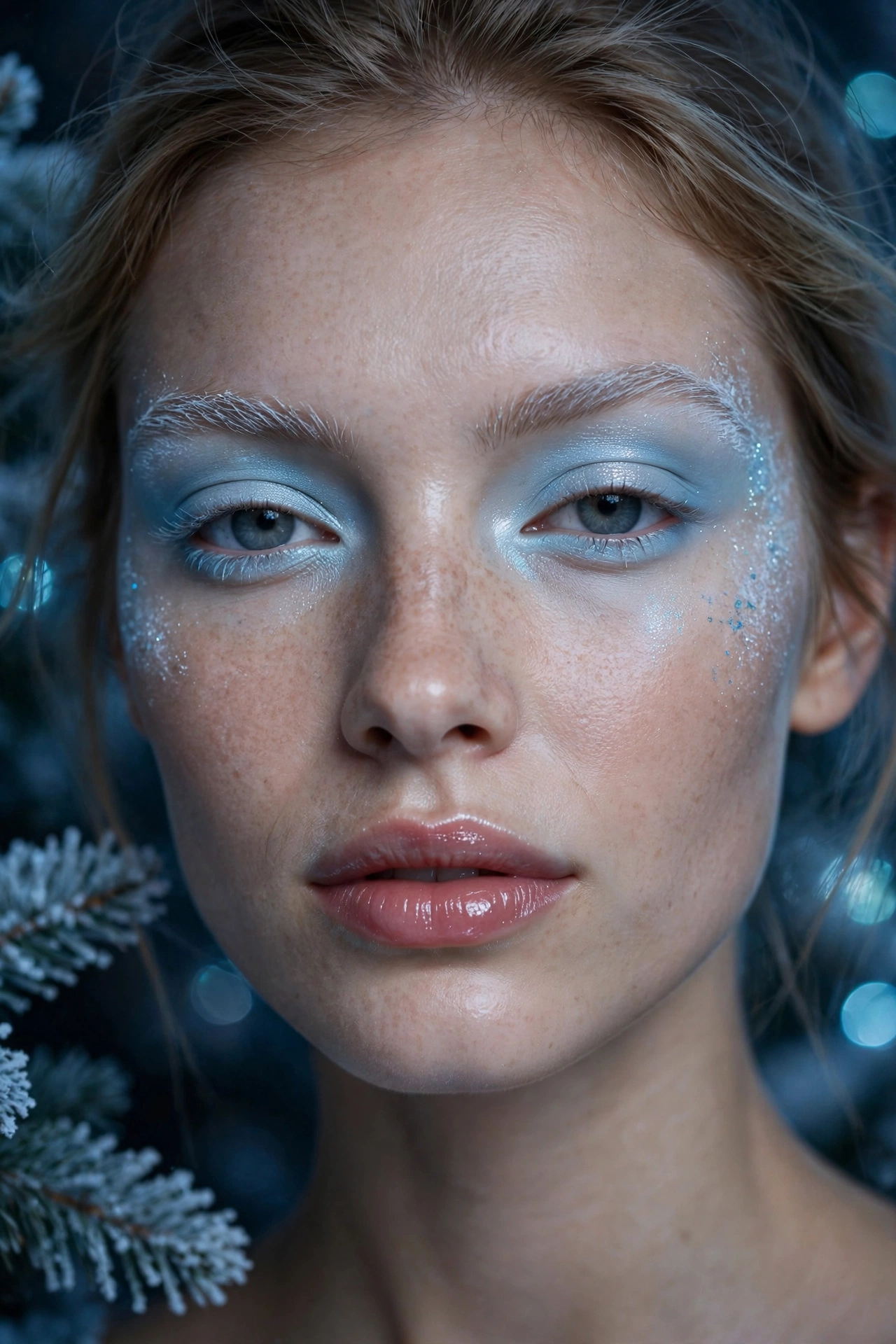 Icy blue makeup idea 1 - pale icy blue shimmer eyeshadow wash on eyelids, frosted Christmas makeup, glossy lips
