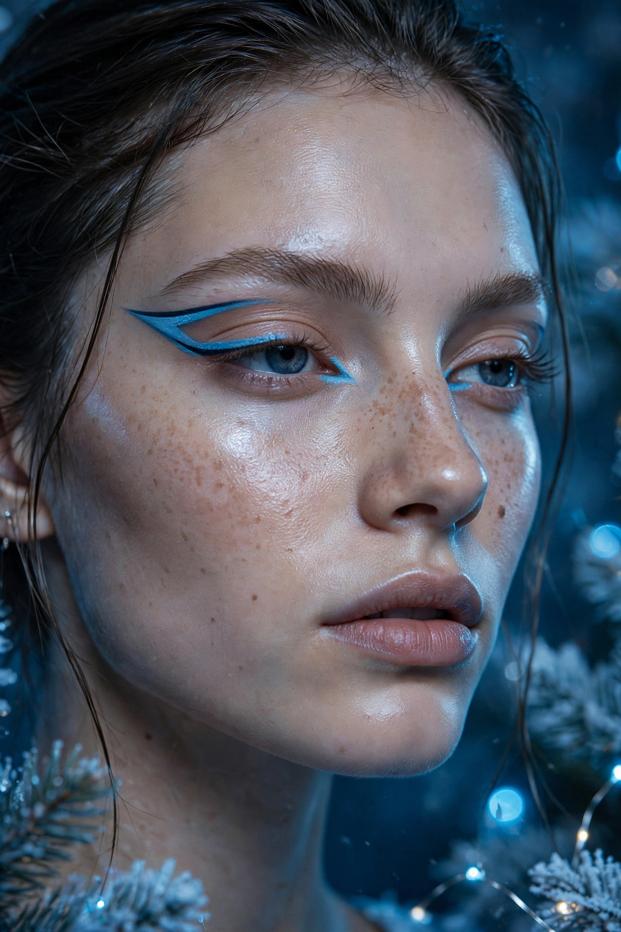 Icy blue makeup idea 4 - sharp graphic icy blue eyeliner wing makeup, minimal glazed skin, Christmas editorial