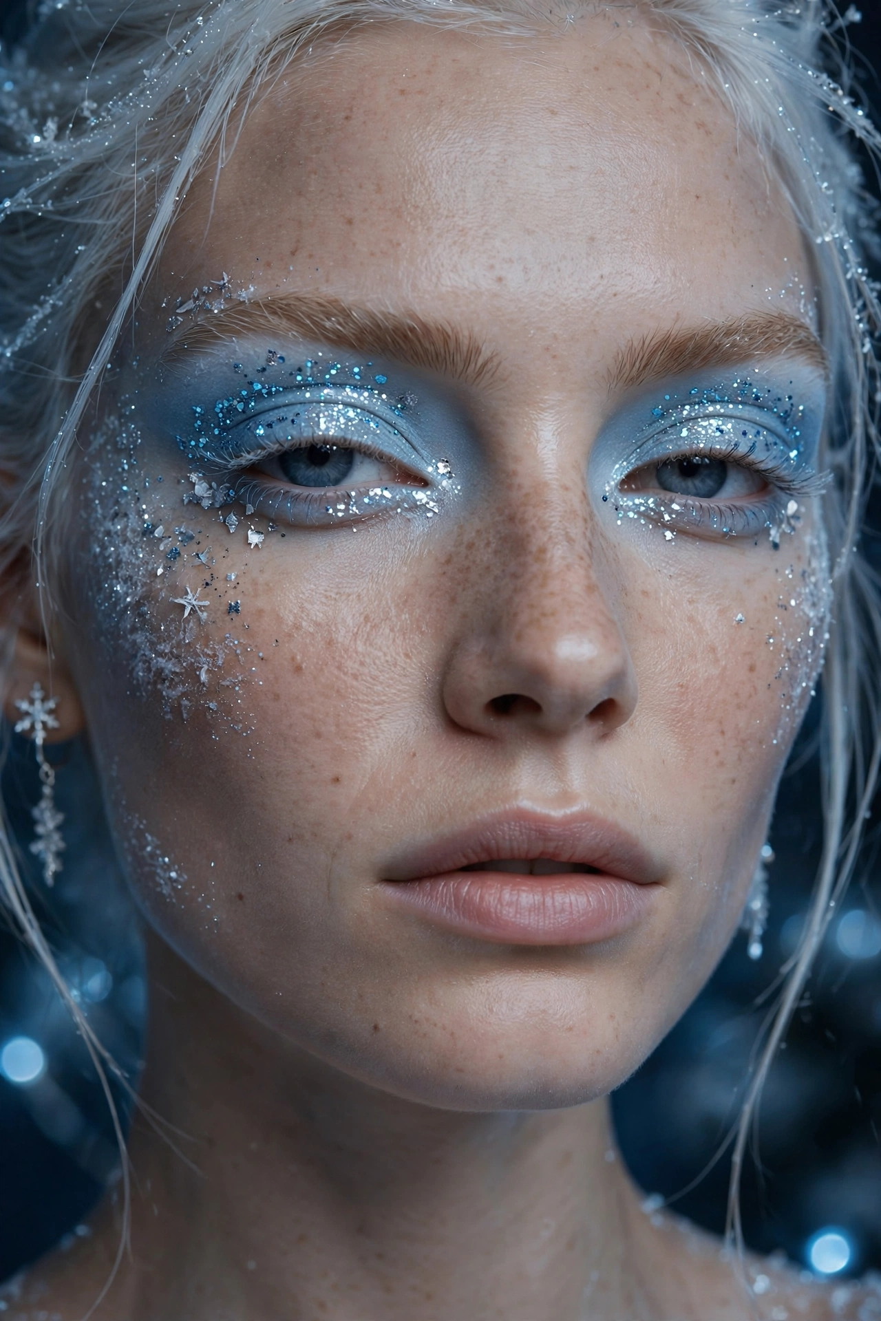 Icy blue makeup idea 6 - pale blue glitter eyeshadow snow queen makeup silver ice glitter Christmas glam