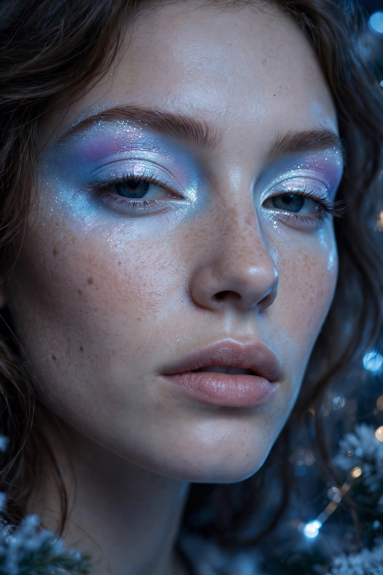 Icy blue makeup idea 8 - opalescent duochrome eyeshadow shifting icy blue to lilac Christmas makeup