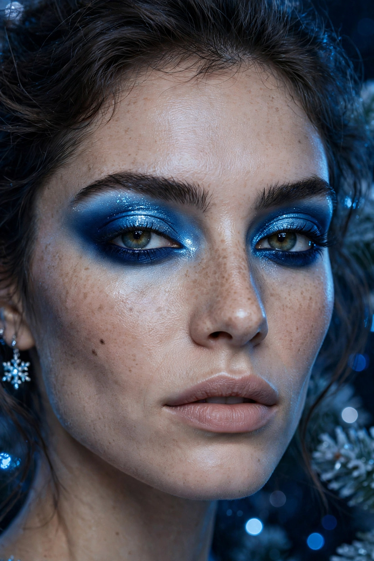 Icy blue makeup idea 11 - deep navy and bright icy blue eyeshadow contrast makeup jewel tone Christmas glam