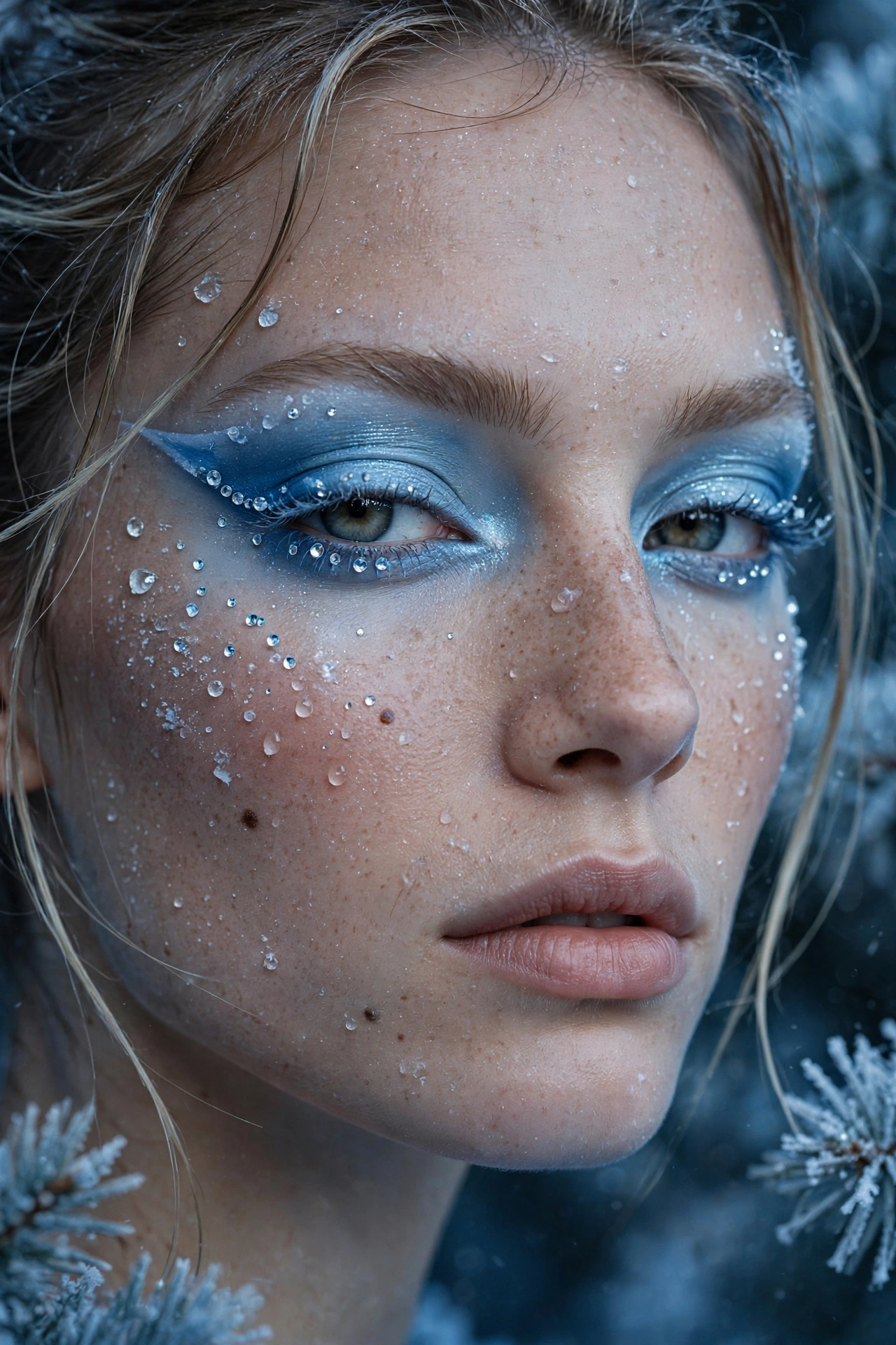 Icy blue makeup idea 12 - icy blue winged makeup with tiny clear crystal rhinestones frost drops Christmas
