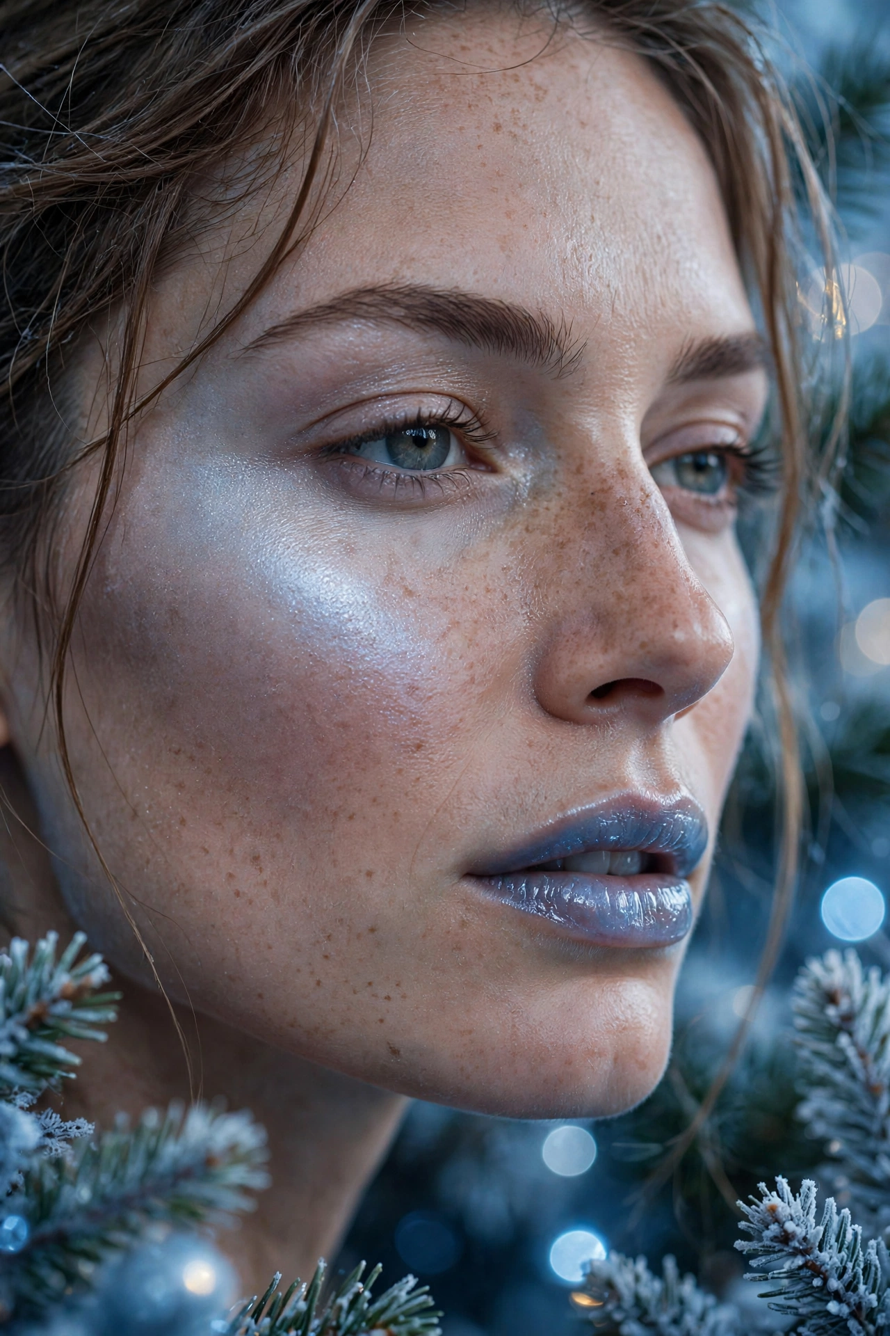Icy blue makeup idea 13 - frosted icy highlighter cheeks makeup with sheer blue tinted lip gloss Christmas