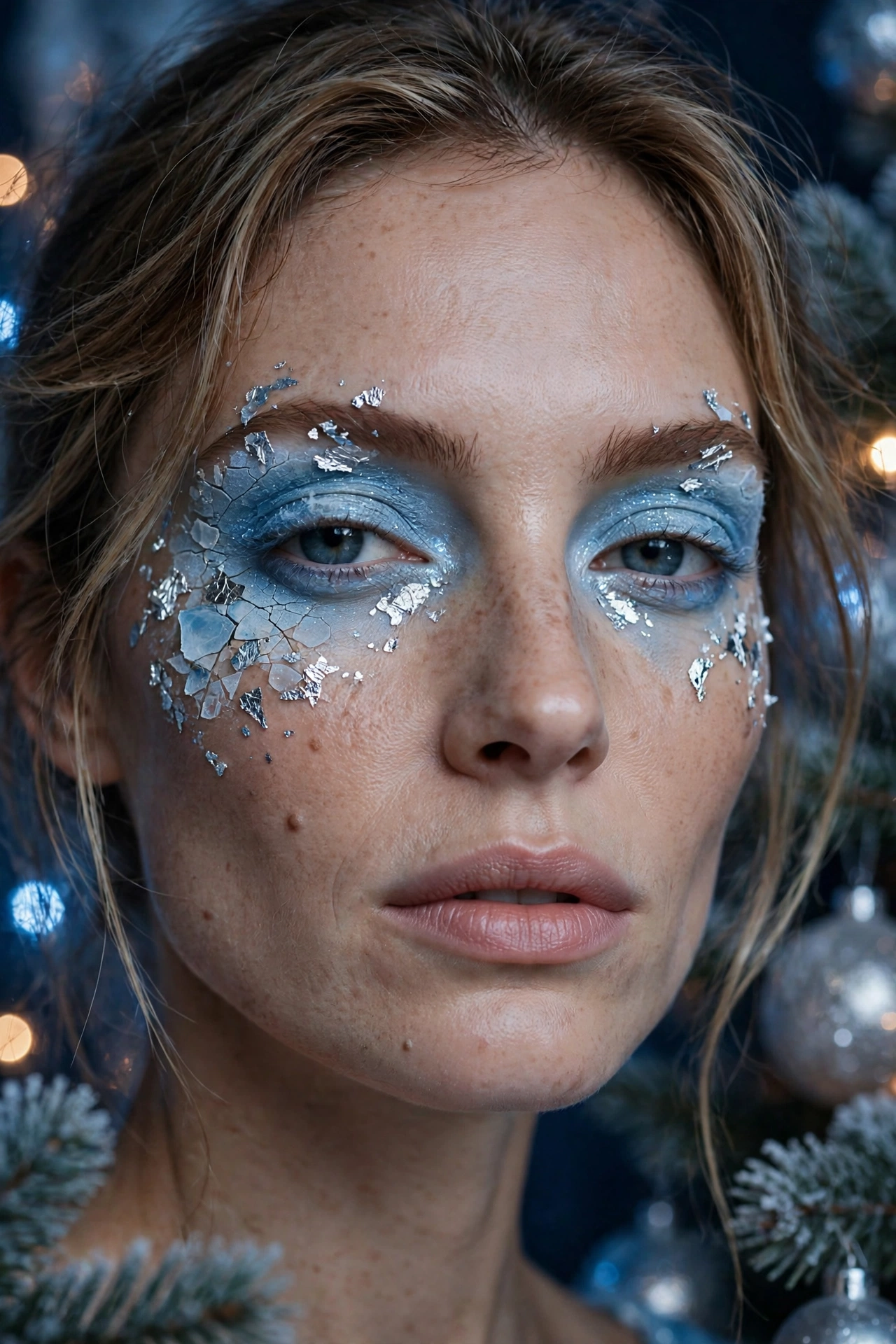 Icy blue makeup idea 16 - icy blue eyeshadow with silver foil flakes cracked ice makeup Christmas party