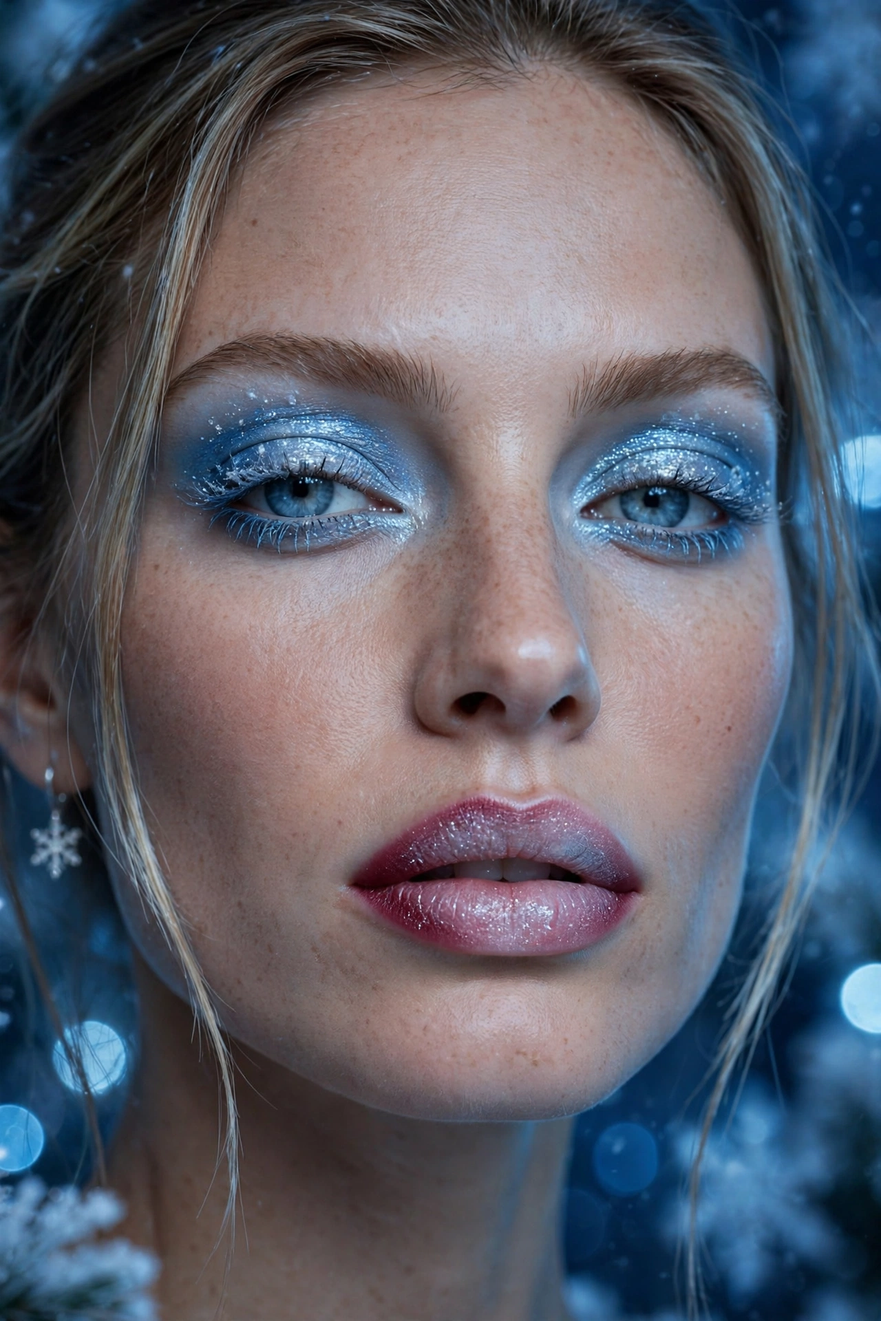 Icy blue makeup idea 17 - frosted ombre berry lips makeup with icy blue shimmer eyes Christmas glam