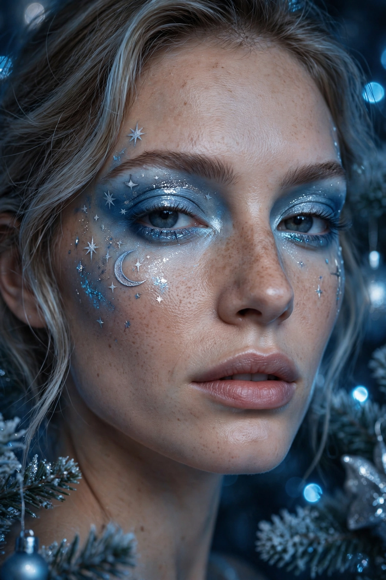 Icy blue makeup idea 19 - celestial icy blue makeup silver stars crescent moon detail Christmas party