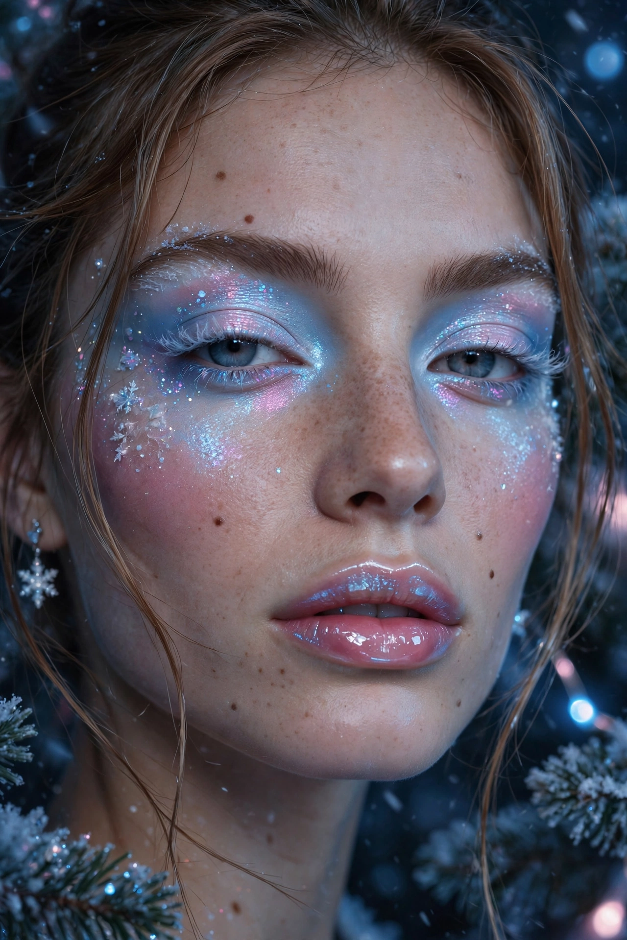 Icy blue makeup idea 20 - full opalescent icy blue pink frost makeup Extra Celestial Christmas glam glossy lips