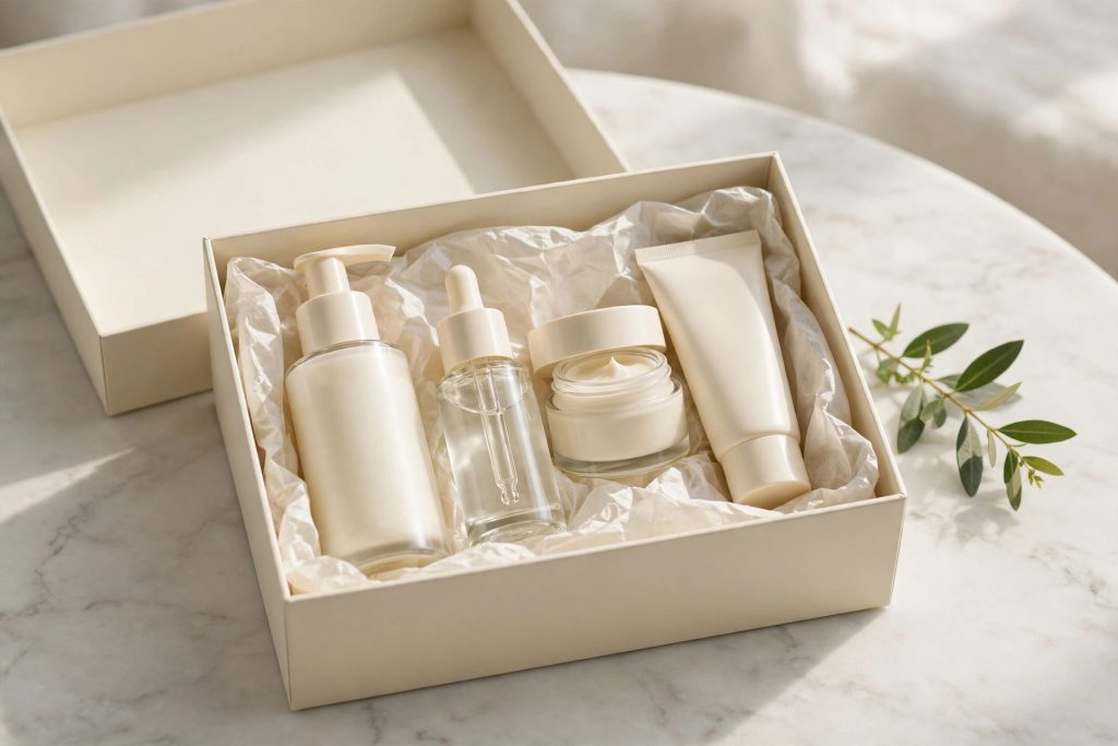 Complete skincare starter gift set in a cream gift box — cleanser, serum, moisturizer and sunscreen with blank minimal packaging