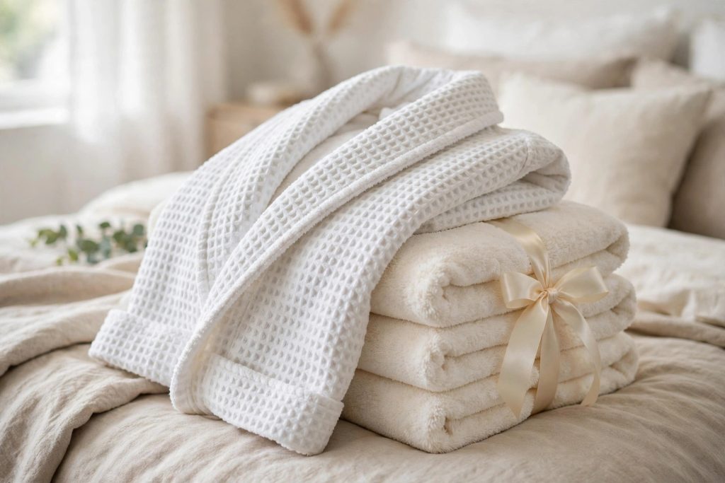 Plush white waffle-weave robe and cream towels tied with a satin ribbon — a Cyber Monday robe and towel gift idea