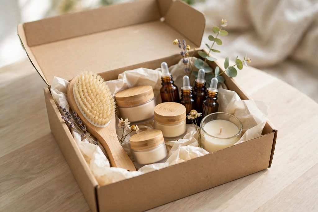 Self-care discovery gift box — essential oils, dry brush, mini skincare jars and a candle — a Cyber Monday discovery box gift idea