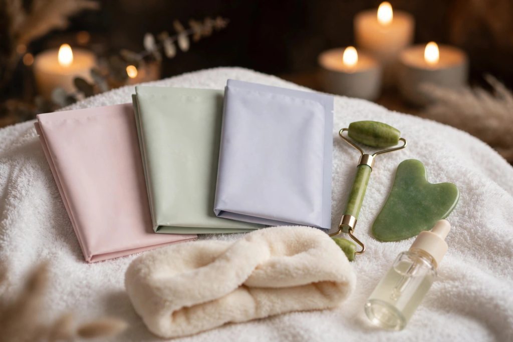 At-home facial kit gift set — sheet masks, jade roller, gua sha stone, plush headband and serum on a white towel with candles
