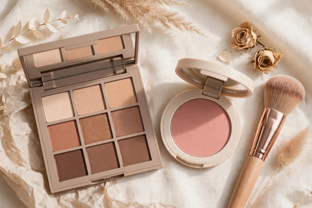 Warm neutral eyeshadow palette with blush and brush — a Cyber Monday makeup palette gift set idea