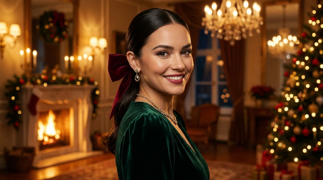Velvet bow low ponytail, quick last minute party hairstyle
