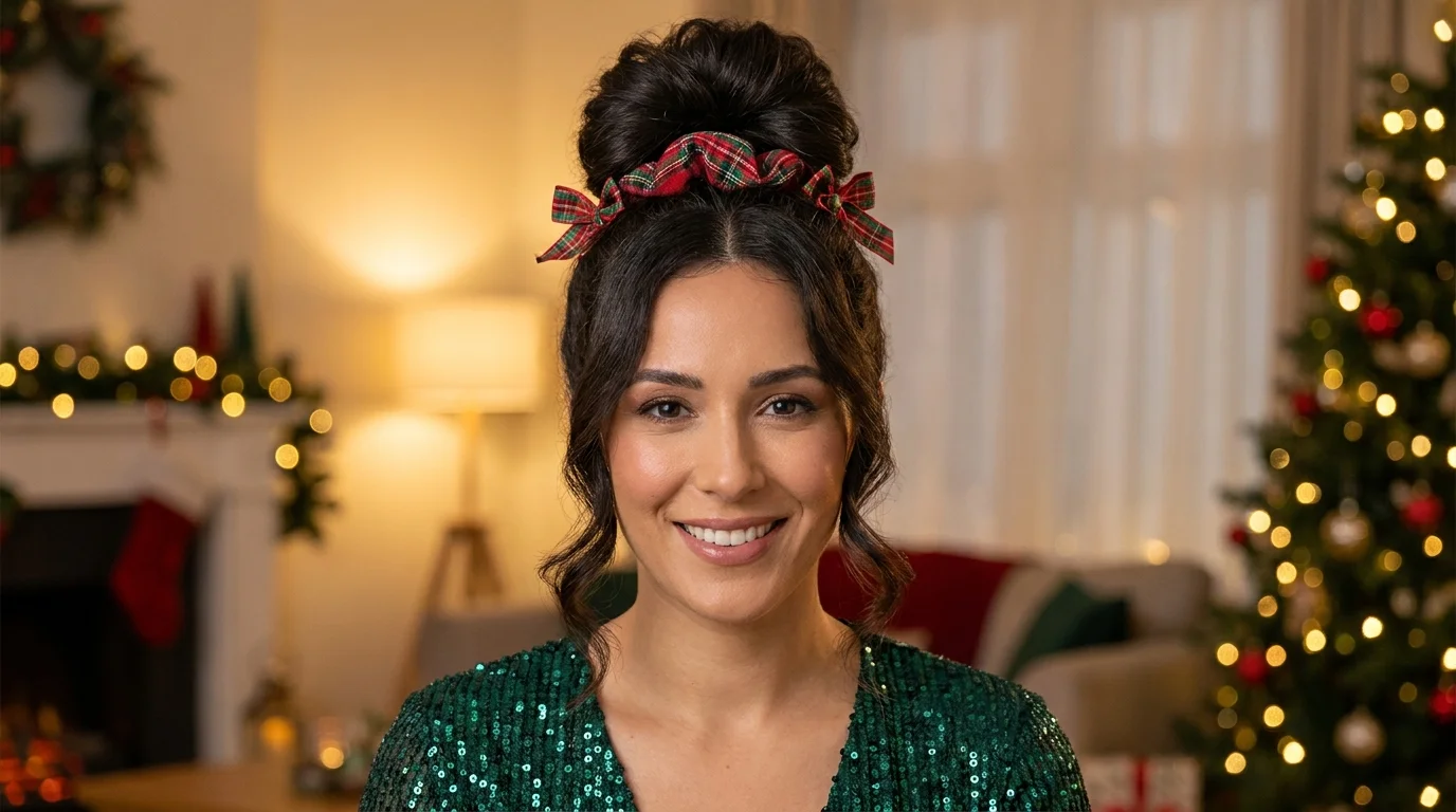Festive scrunchie top knot, quick Christmas party hair