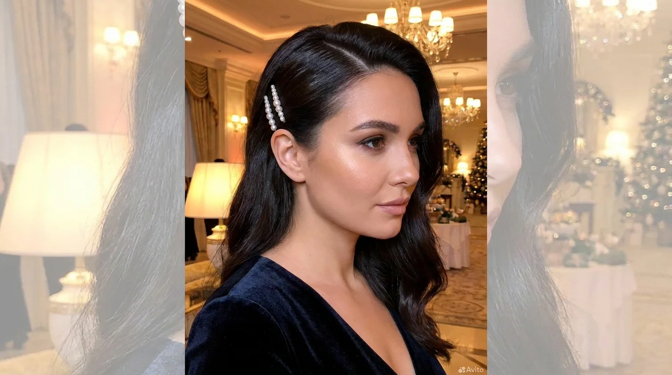 Sleek side part with pearl pins, easy party hairstyle