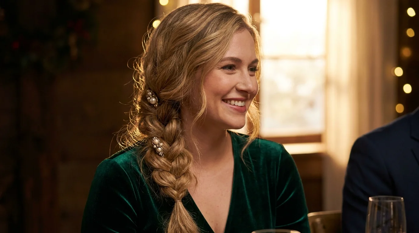 Loose side braid with pearl pins, quick holiday party hairstyle