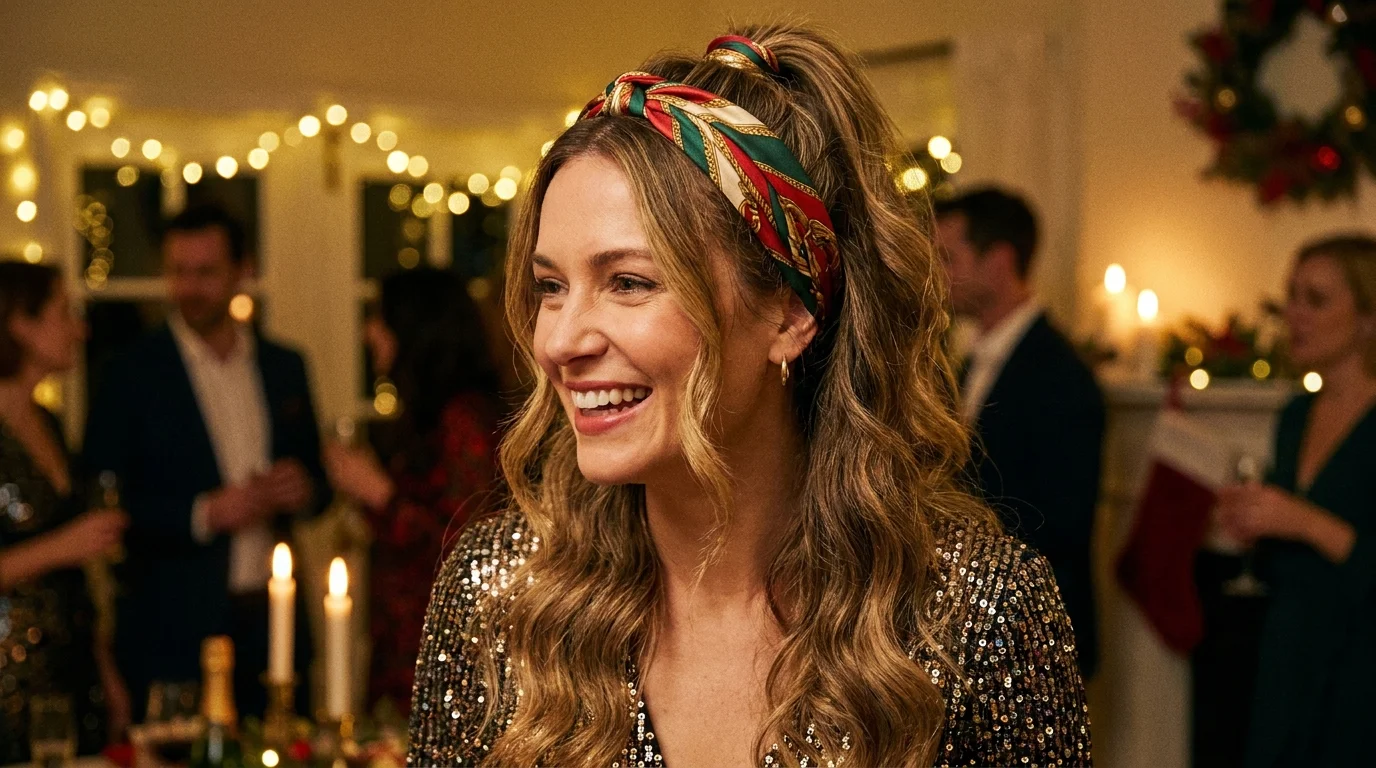 Scarf headband half-up hairstyle, festive party hair