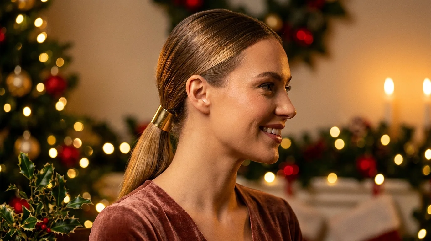 Low ponytail with gold cuff, last minute party hairstyle
