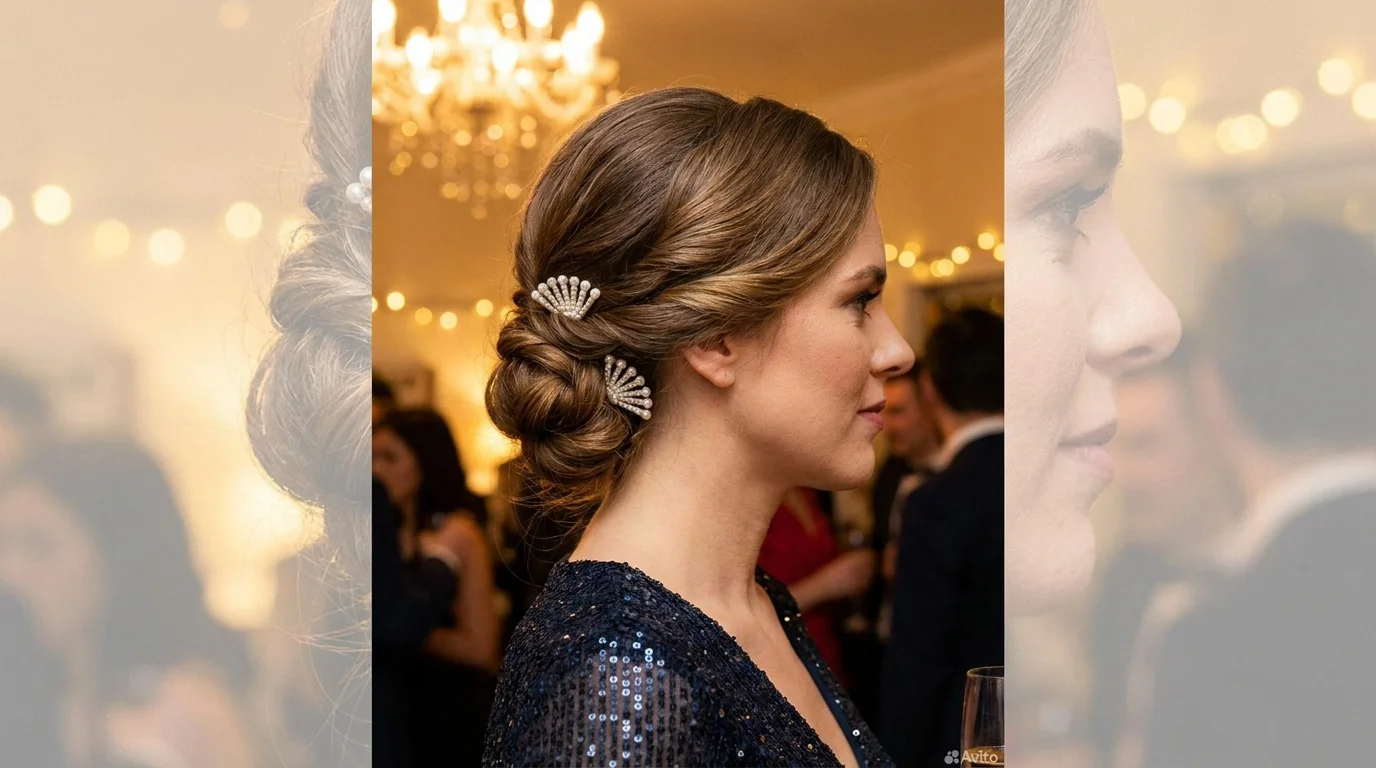 Low twisted chignon with pearl pins, quick Christmas party updo