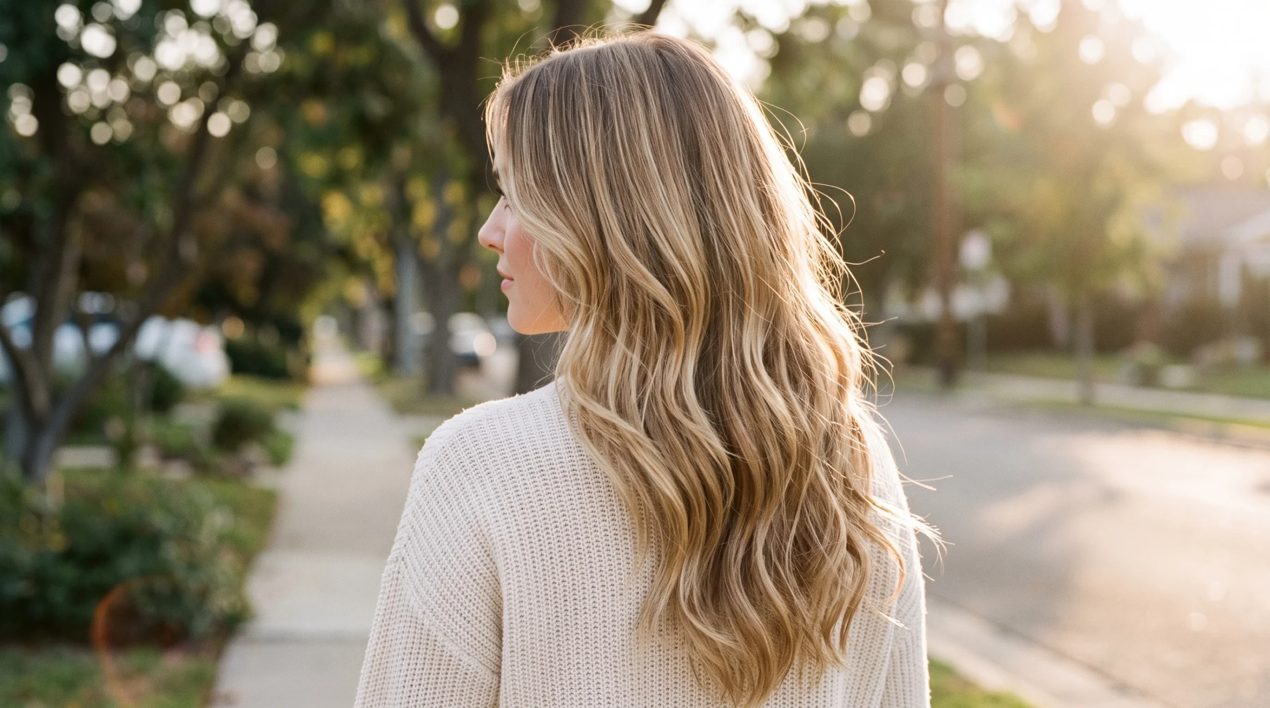 Classic lived in blonde balayage, honey-blonde ribbons hand-painted over a soft brown root on long layered hair