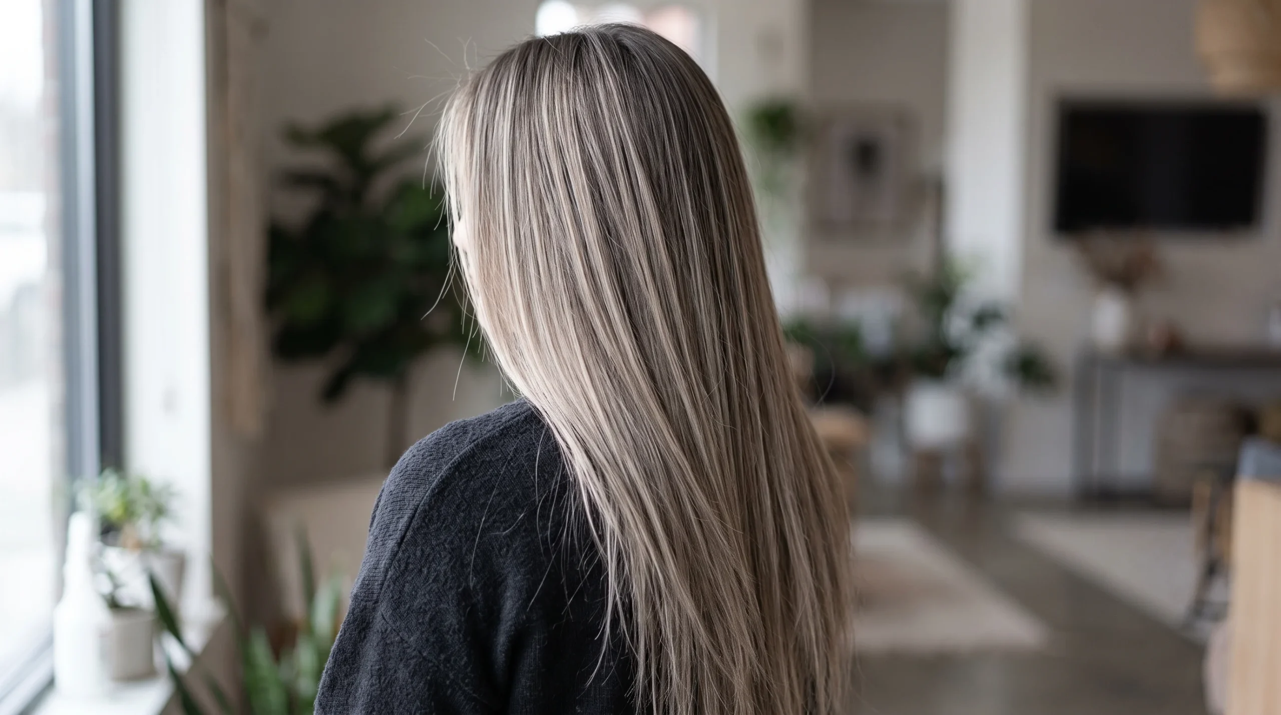 Ashy lived in blonde balayage, cool ash-blonde ribbons melting from a smoky root on long straight hair