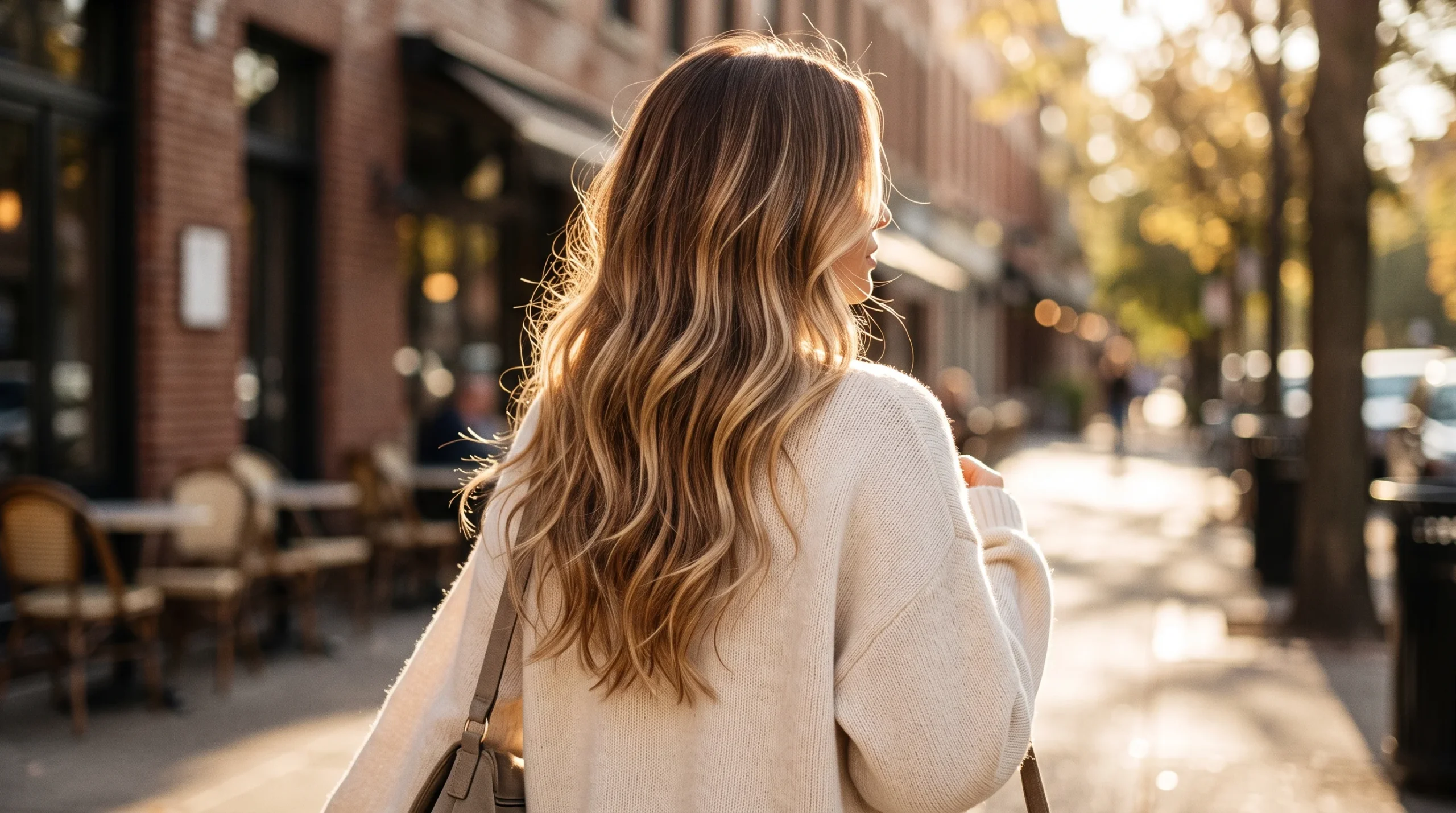Caramel melt lived in blonde balayage, deep caramel root melting into creamy golden blonde lengths
