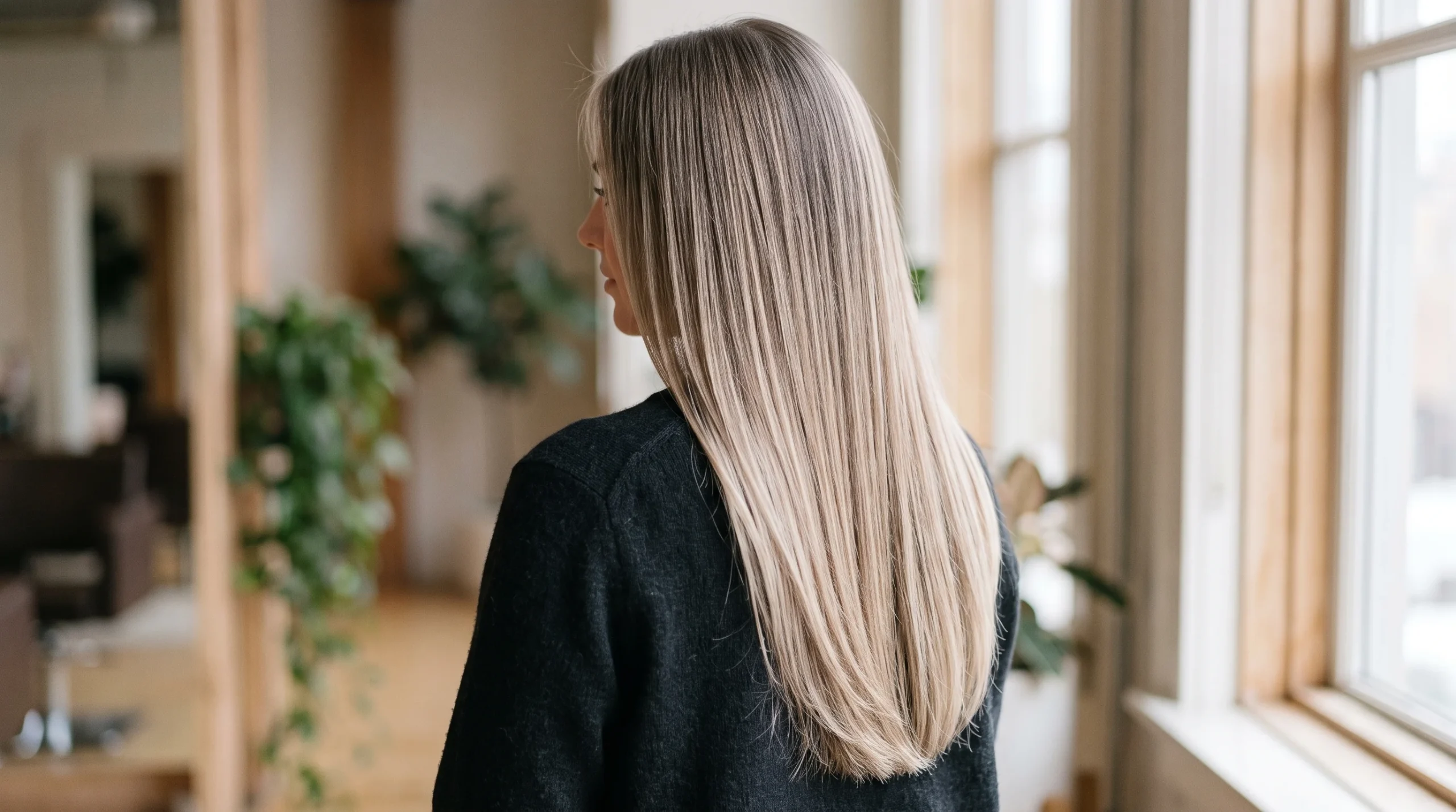 Beige lived in blonde balayage, neutral beige-blonde ribbons over a soft taupe root on straight hair