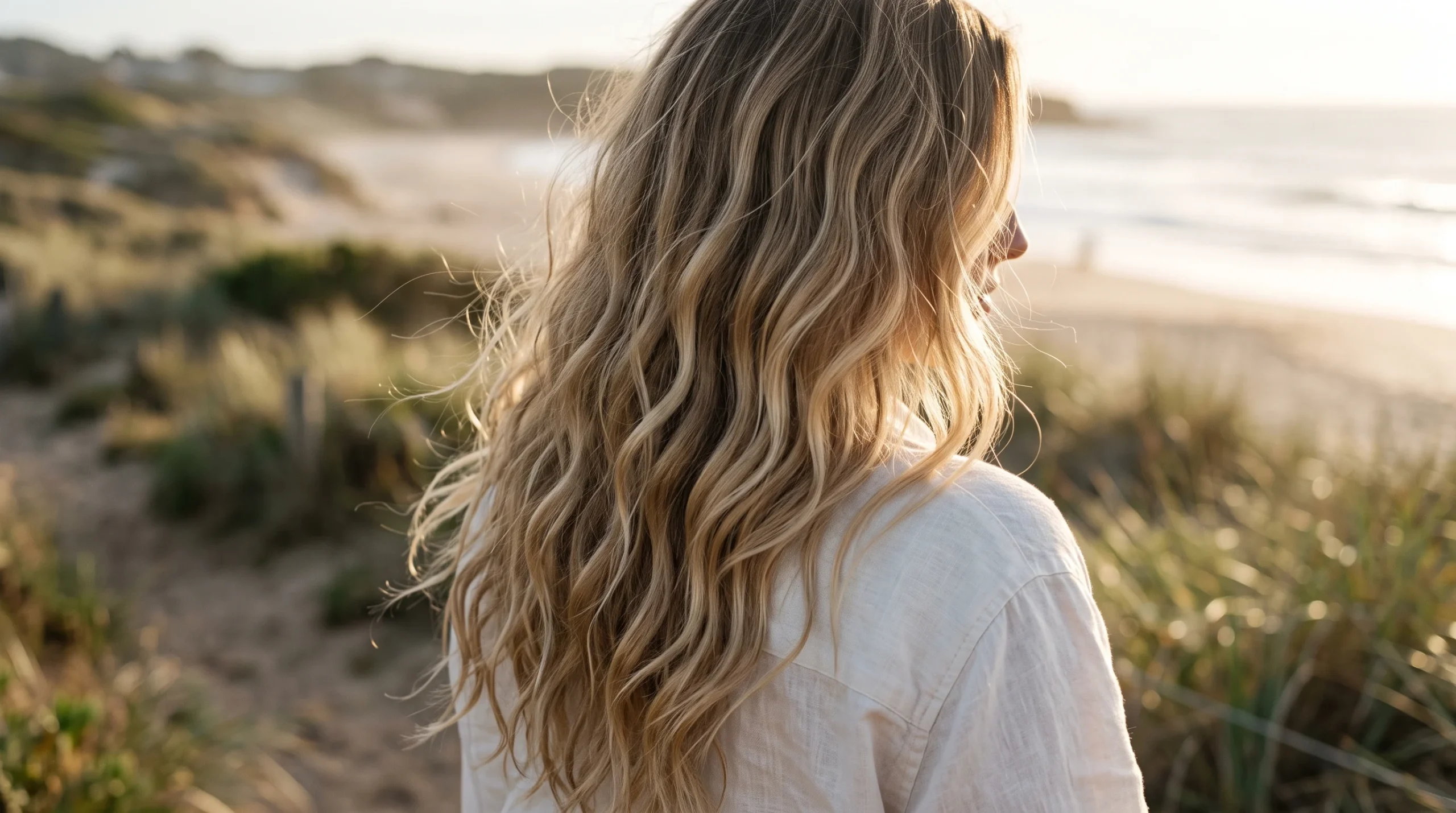 Sandy lived in blonde balayage, beachy sandy-blonde ribbons over a soft neutral root on tousled waves