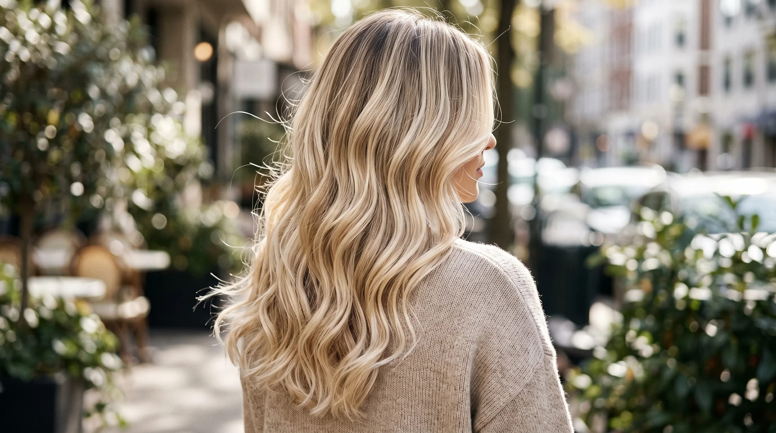 Vanilla lived in blonde balayage, bright creamy vanilla ribbons melting from a soft shadowed root
