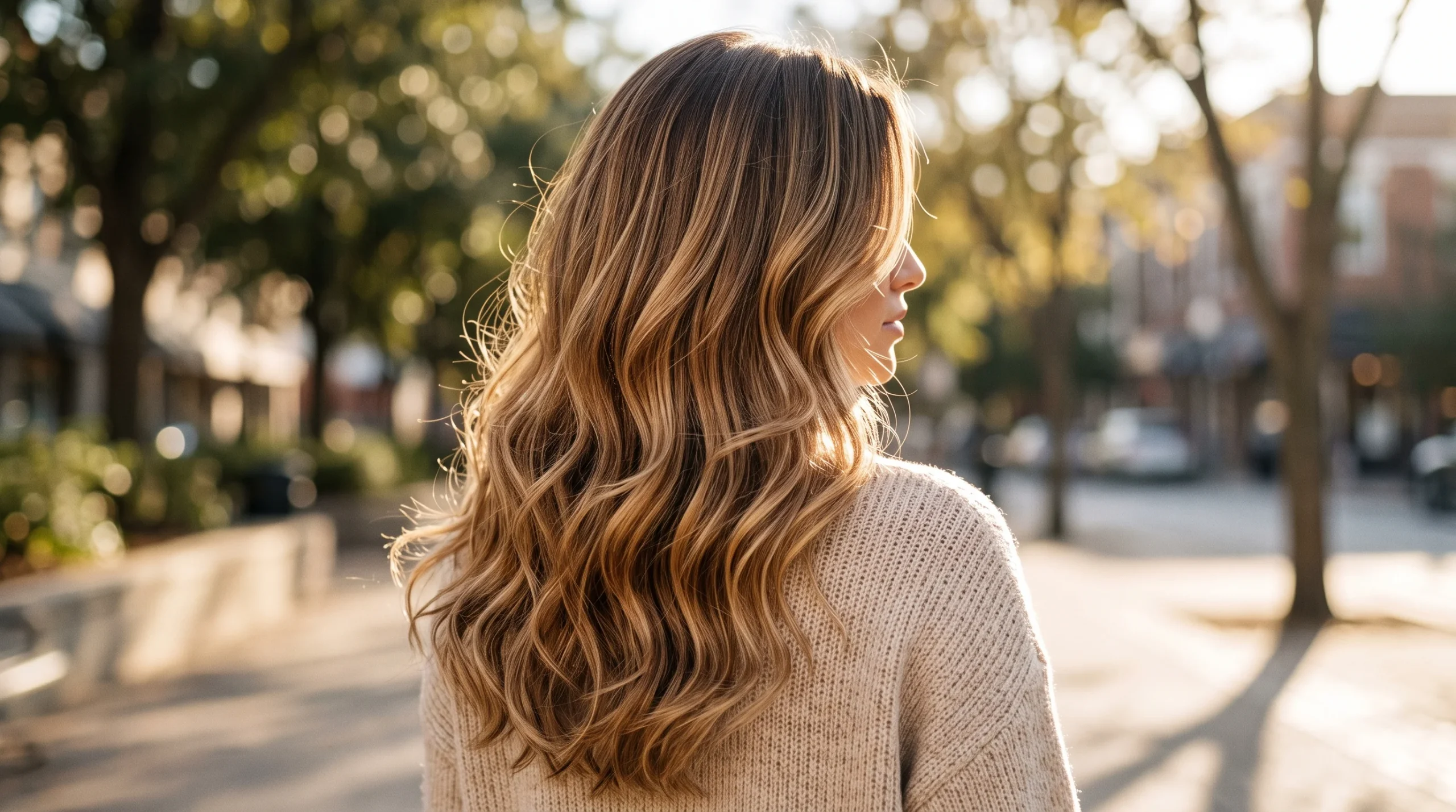 Toffee lived in blonde balayage, warm toffee-blonde ribbons over a deep golden root on layered waves