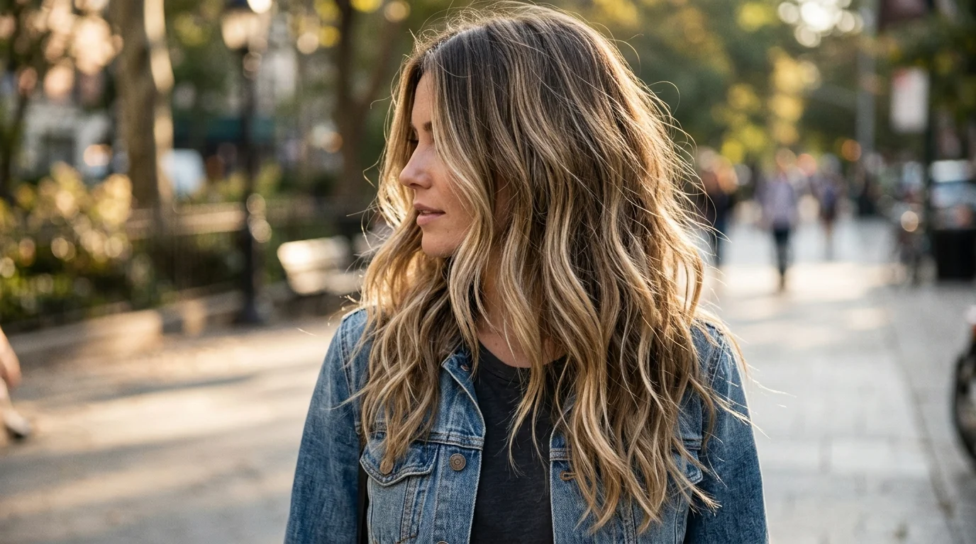 Dirty lived in blonde balayage, effortless dirty-blonde ribbons over a darker natural base on tousled hair