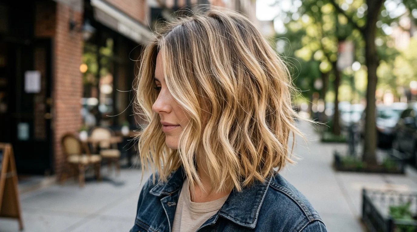 Lived in blonde balayage on a lob, blonde bob with a shadowed root and dimensional golden ends