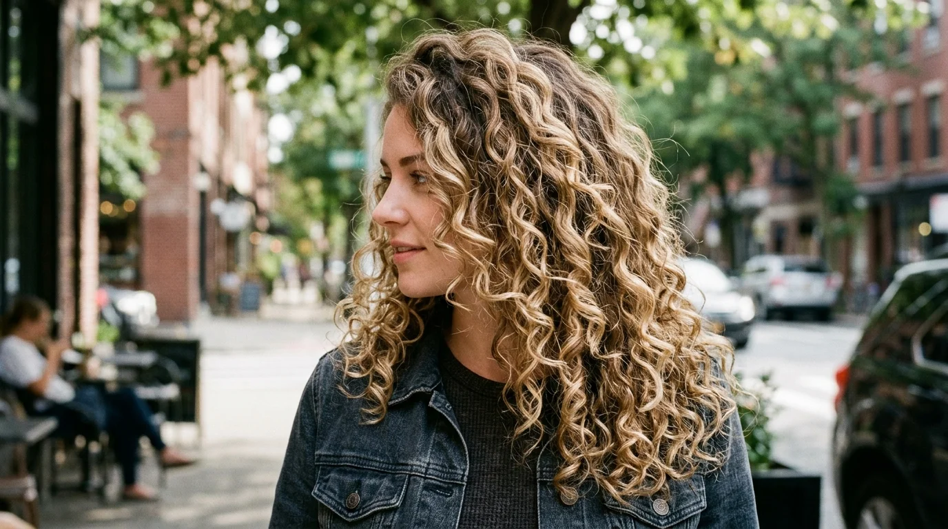 Lived in blonde balayage on curly hair, golden blonde ribbons hand-painted over a deeper root on defined curls