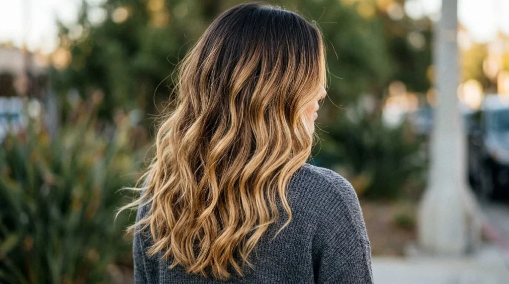 Lived in blonde balayage on a dark base, deep brunette root melting into golden blonde lengths