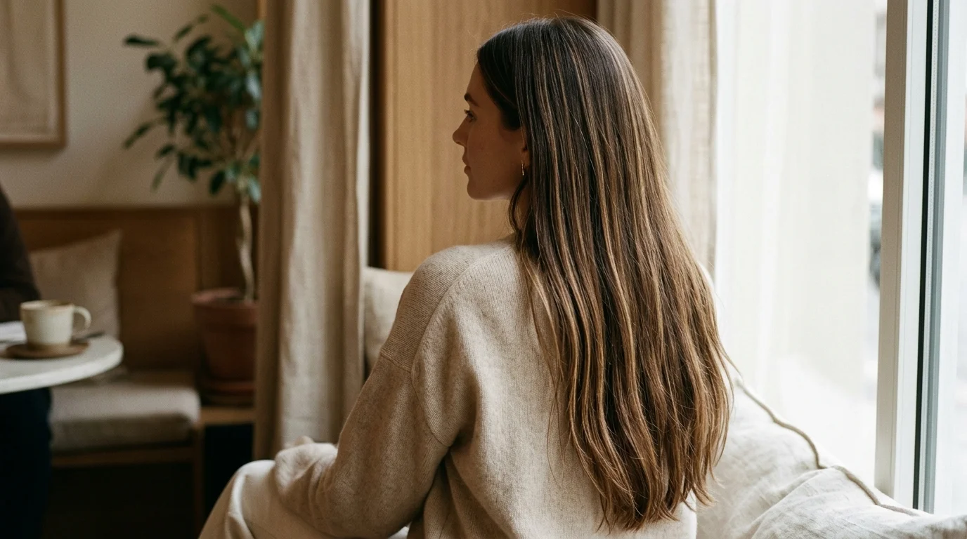 Subtle low-contrast lived in blonde balayage, barely-there blonde ribbons melting into a warm brunette base