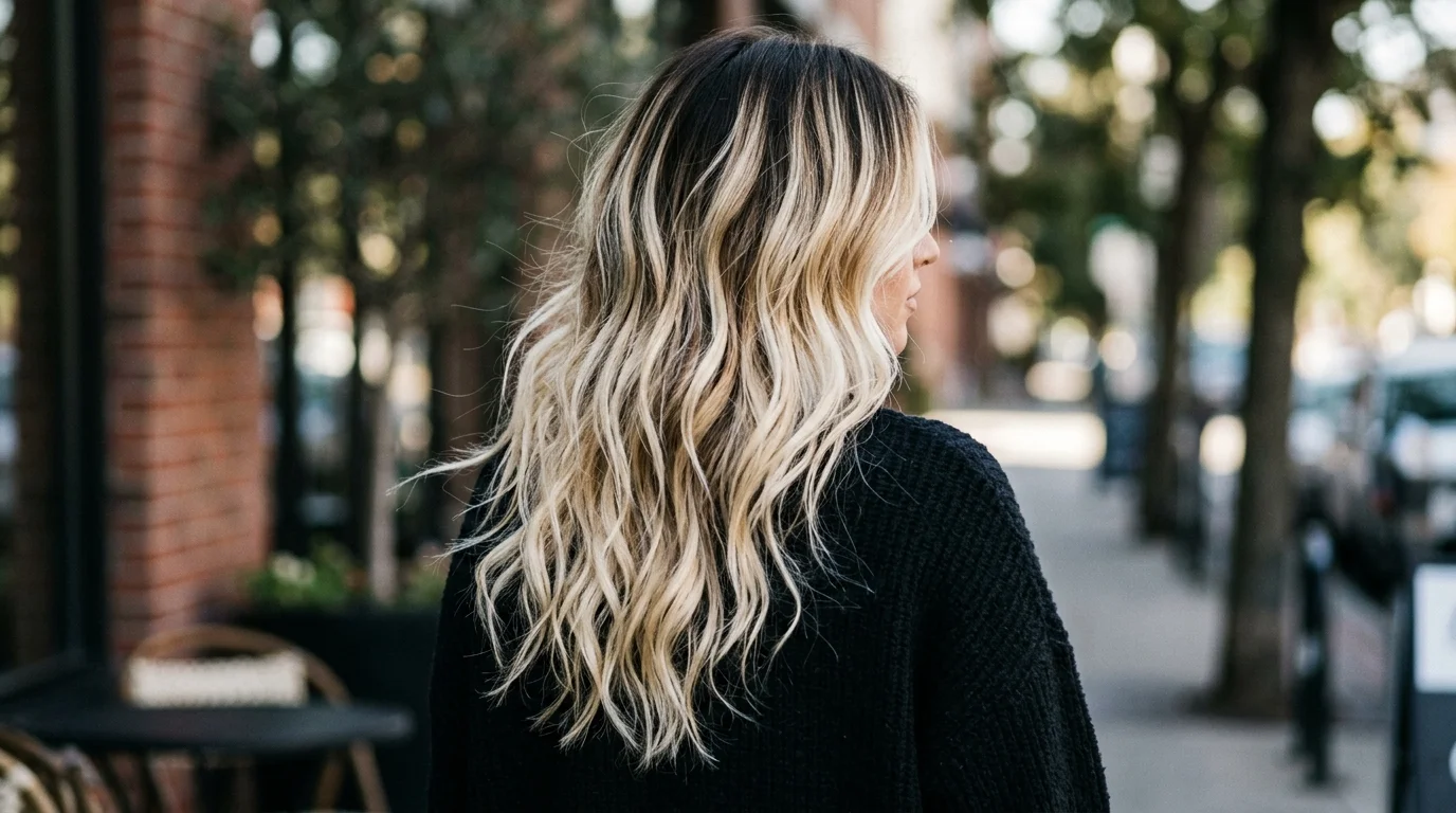 High-contrast lived in blonde balayage, bold bright blonde ribbons over a deep shadowed root