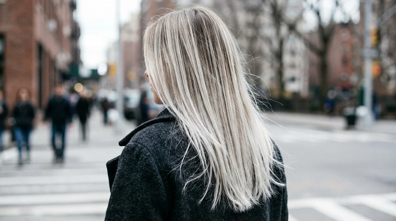 Icy lived in blonde balayage, cool platinum ribbons melting from a smoky natural root on straight hair