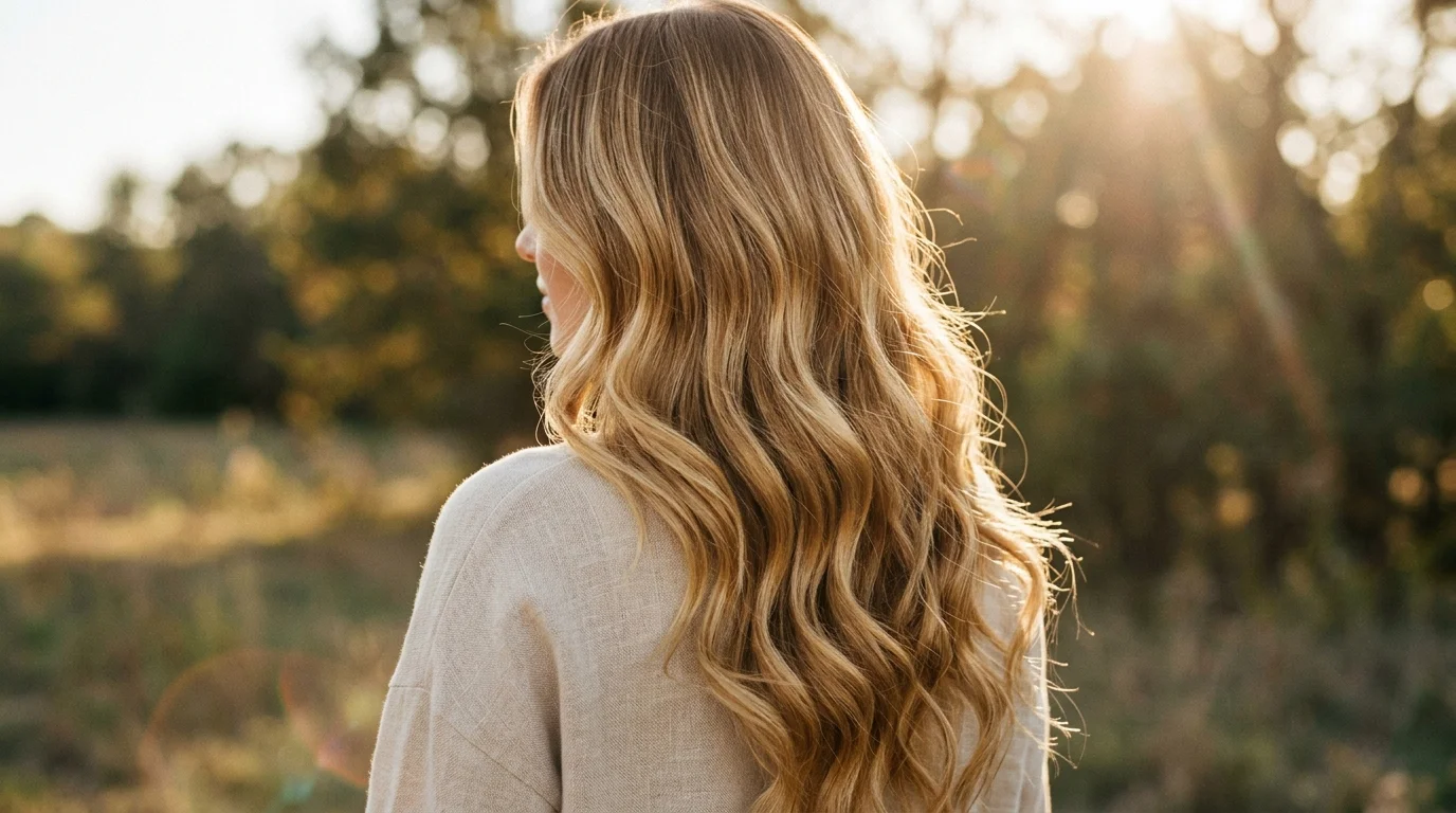 Warm golden lived in blonde balayage, rich golden blonde ribbons over a warm honey root on glossy waves
