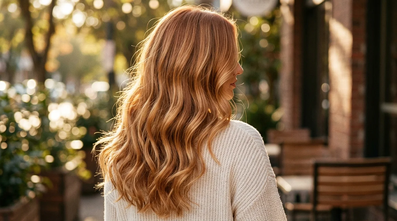 Strawberry-honey lived in blonde balayage, warm strawberry-gold ribbons over a soft coppery root