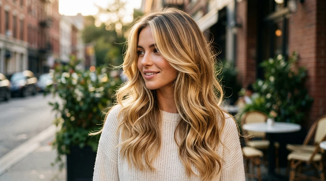 Lived in blonde balayage with face-framing layers, golden balayage with bright face-framing layers on bouncy waves