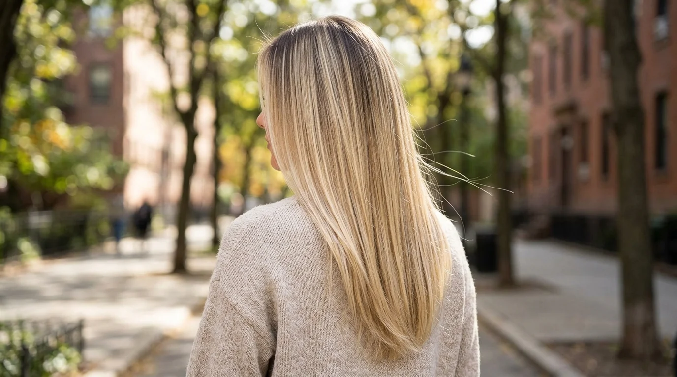 Shadow root lived in blonde balayage, deep shadow root melting into bright dimensional blonde on straight hair
