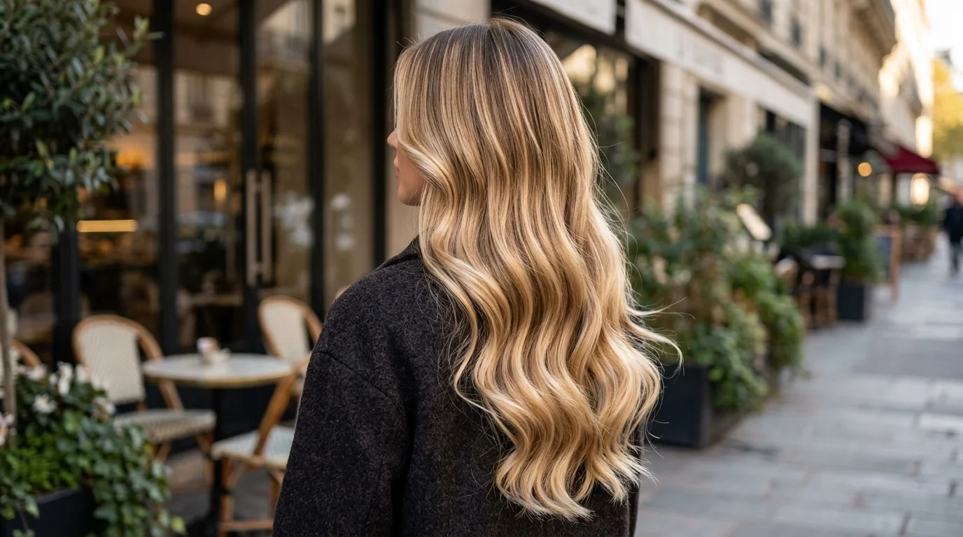 Glossed lived in blonde balayage, honey-blonde balayage finished with a mirror-shine clear gloss
