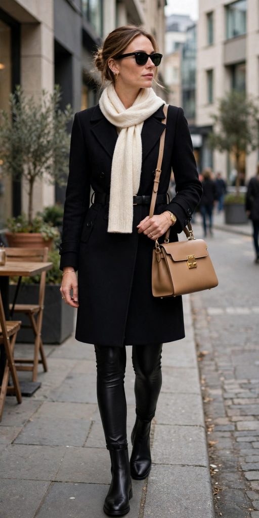 Woman in a black coat, leather-look leggings and Chelsea boots — an edgy city winter outfit